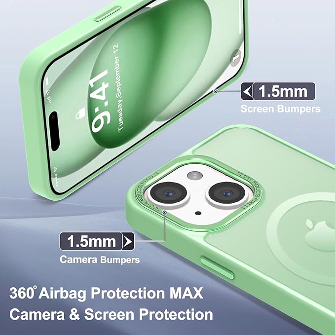 Newfuture Magnetic for iPhone 15 Case [Compatible with Magsafe] [Military Grade Drop Protection] Translucent Matte Anti-Fingerprint Shockproof Phone Case for iPhone 15 6.1 inch, Matcha Green