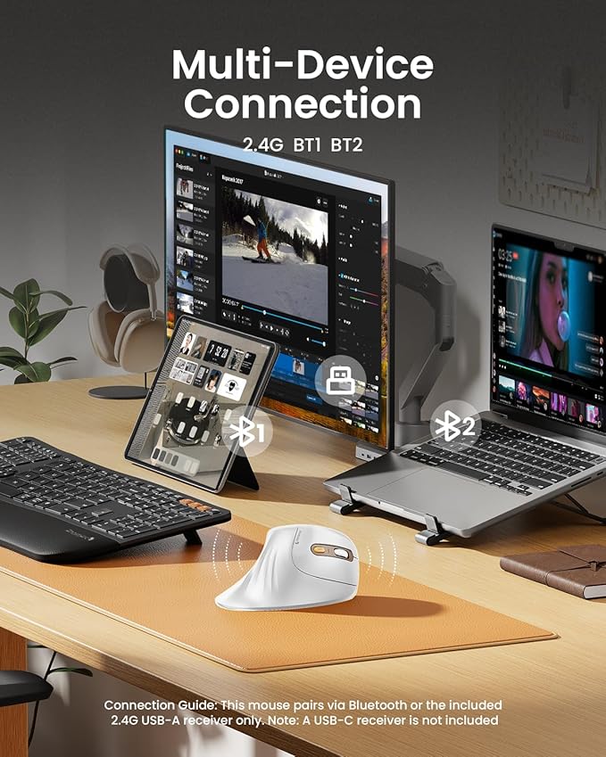 ProtoArc Ergonomic Mouse, EM11 NL Bluetooth Rechargeable Wireless Vertical Mouse, 3 Multi-Device Connectivity for Computer/PC/Laptop, 2.4GHz USB-A Optical Mice for Windows, Mac OS, White Gold