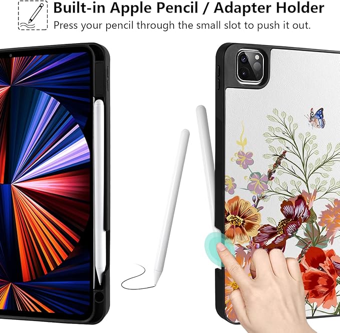 DONGKE Case for iPad Pro 11 inch (4th, 3rd, 2nd & 1st Gen) 2022 2021 2020 2018, Trifold Stand + Pencil Holder + Auto Wake/Sleep + Soft TPU Protective Stand Back Cover, Floral
