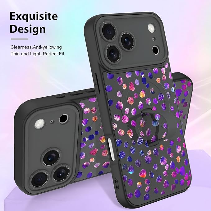 KANGHAR Compatible with iPhone 17 Pro Case, Support for MagSafe, Silicone Cute Iridescent Pattern Leopard Print Cheetah, Wristband Kickstand Shockproof Soft Slim Cover for Girls Women, Black