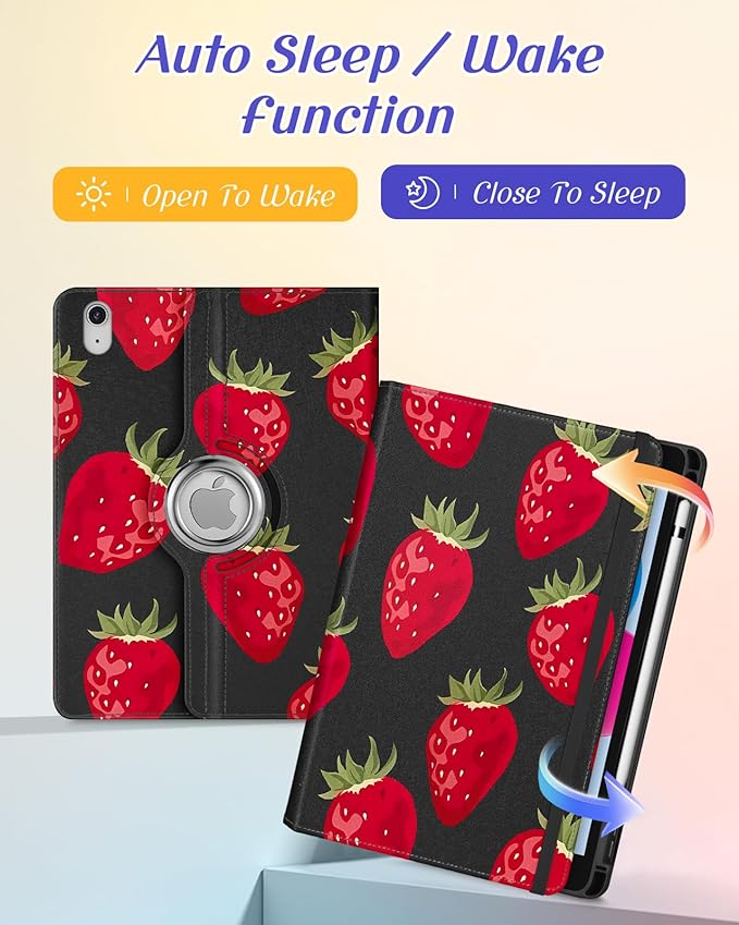 Kidcube for iPad 10th Generation Case 2022, for iPad (A16) Case 11th Generation 2025 - Women Girls Cute Rotating Stand Folio Cover with Pencil Holder & Card Slot Girly Kawaii Strawberry Design Cases