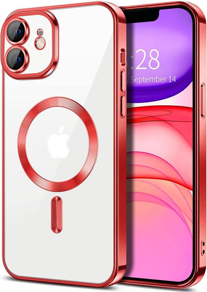 Hython Magnetic Clear for iPhone 11 Case with Camera Lens Protector [Compatible with MagSafe] Luxury Plating Edge Slim Soft TPU Cover Protective Phone Case for iPhone 11 6.1", Red
