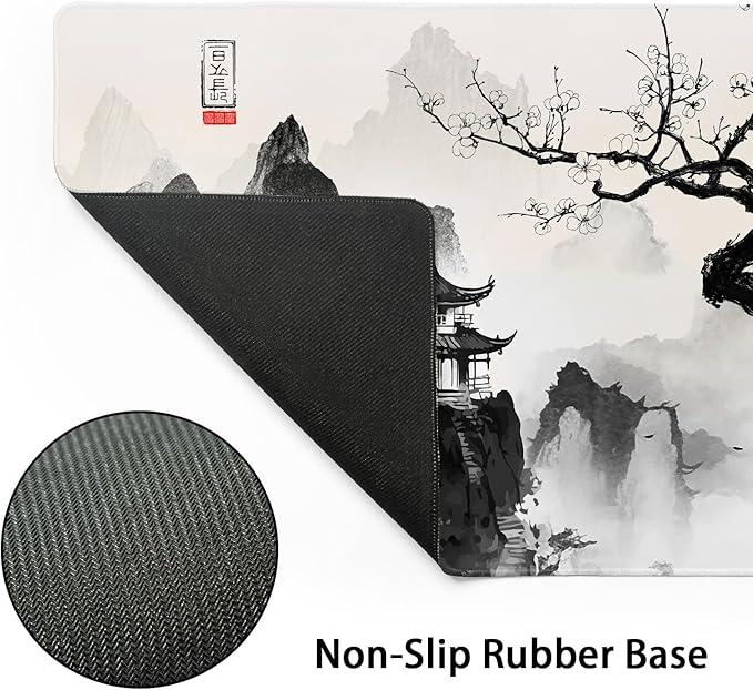 Japanese Cherry Blossom Anime Large Mouse Pad XXL Black White Sakura Tree Mountain Extended Large Desk Mat Big Desk Pad 90X40 CM Non-Slip Rubber Base Stitched Edge Long Mousepad,35.4 x 15.7 Inch