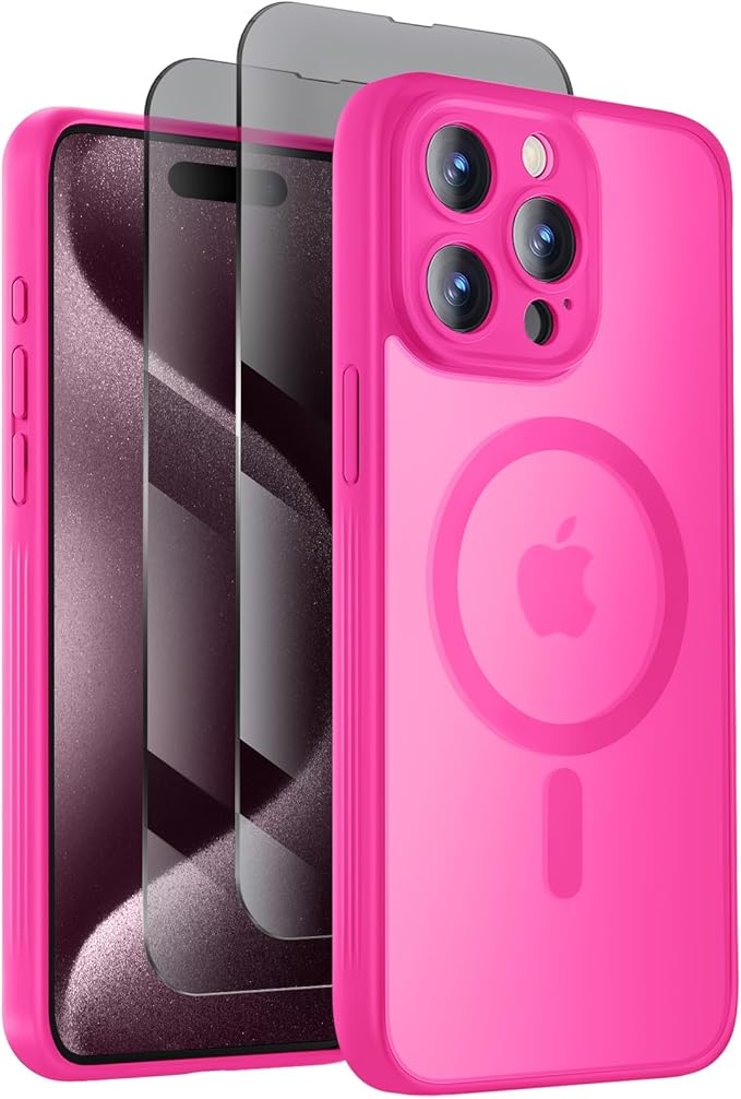 Symcele Designed for iPhone 15 Pro Case, Compatible with MagSafe, with Privacy Screen Protectors X2, [Camera Protection] [15FT Military Drop Protection] Shockpoof Phone Case, 6.1'', Hot Pink