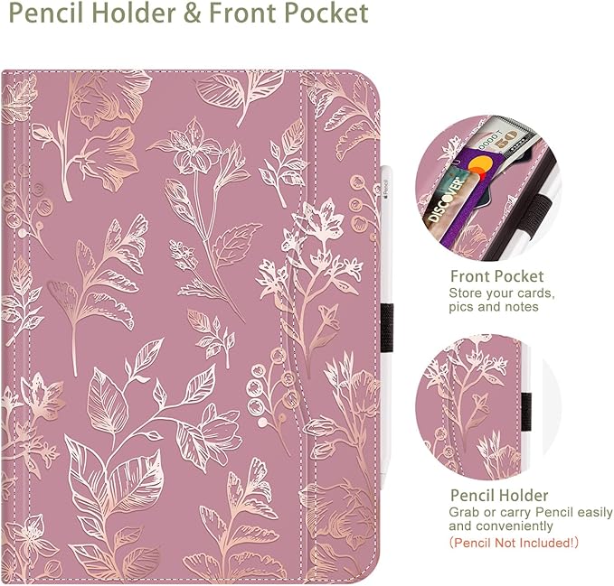 for iPad (A16) 11Th/10Th Generation Case 2025/2022, for iPad Case 11Th/10Th Generation, 10Th/11Th Gen iPadCase Cover Pencil Holder/Hand Strap/Pocket/Adjustable Stand, Gold Flower Art