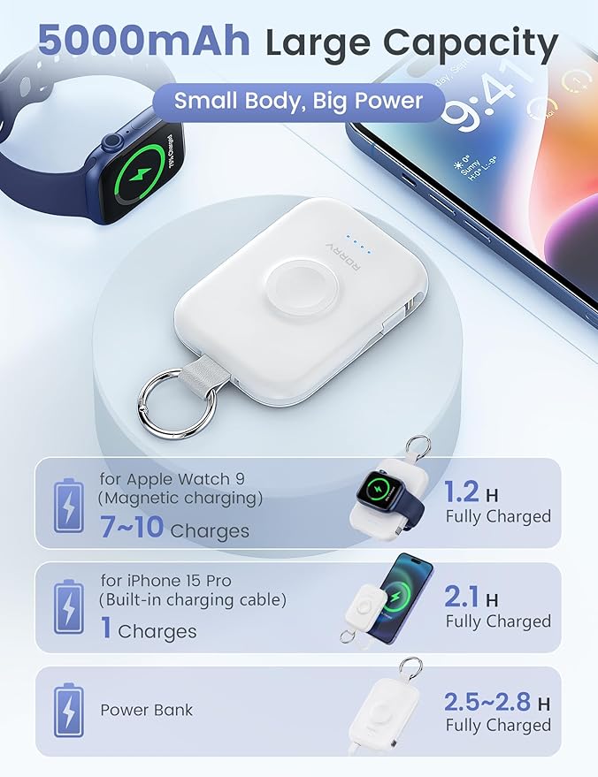 RORRY Portable Charger, 5000mAh Portable Charger Power Bank with Built-in Cables, Travel Keychain Battery Pack for Apple Watch Ultra/11/10/9/8/7/6/SE, iPhone Air/17/16/15/14/13/12, White