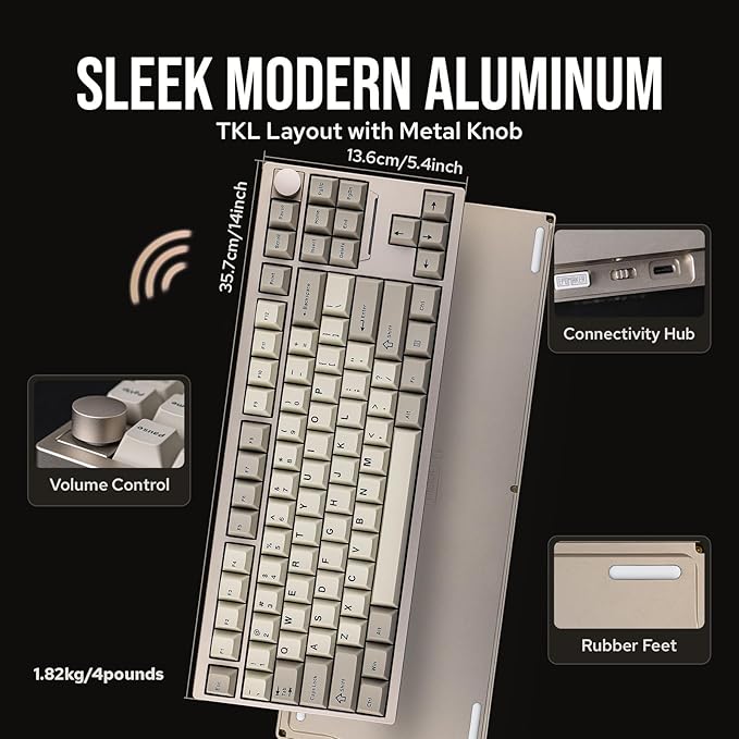 EPOMAKER P87 TKL Aluminum Wireless Gaming Keyboard, QMK/VIA Programmable, 87% BT/2.4Ghz/USB-C, with CNC Metal Knob and RGB Backlight (Khaki, Zebra Switch)