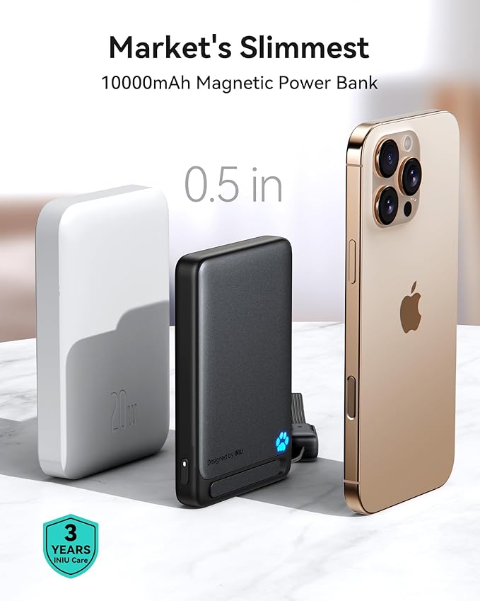 INIU Magnetic Power Bank, 15W Wireless Charging, Fast Charging with Attached USB-C Cable, Battery Pack with Stand