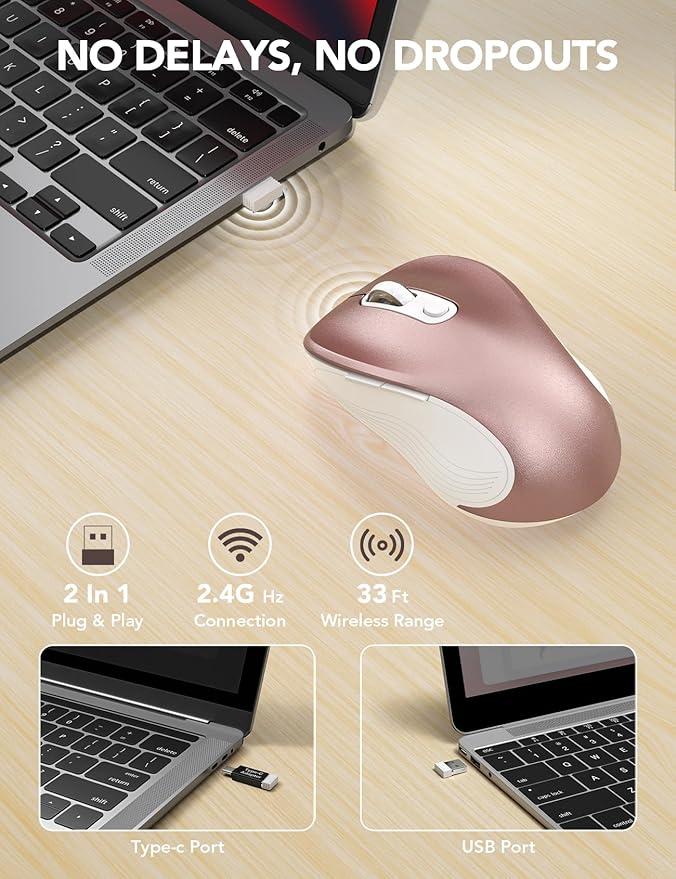 Trueque Wireless Mouse for Laptop, 2.4GHz Ergonomic Computer Mouse with Back & Forward Buttons, 3 Adjustable DPI Levels, 6 Buttons, Optical USB Cordless Mice for Windows PC, M01 (Rose Gold)