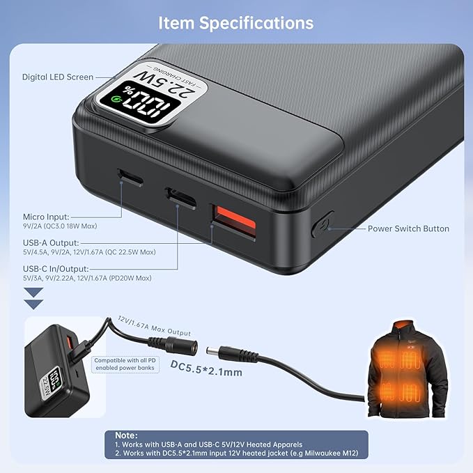 12V Heated Jacket Battery Pack 20000mAh (12V/6.5Ah) for DC5521 Input Milwaukee Dewalt Bosch Makita and Other’s Electric Heating Vests/Hoodies/Jackets/Camping Chair/Seat Cushion/Blanket
