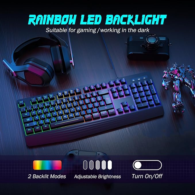yesbeaut Gaming Keyboard, 7-Color Rainbow LED Backlit, 104 Keys Quiet Light Up Keyboard, Wrist Rest, Whisper Silent, Anti-ghosting Multimedia Keys, Waterproof USB Wired Keyboard for PC Mac Xbox