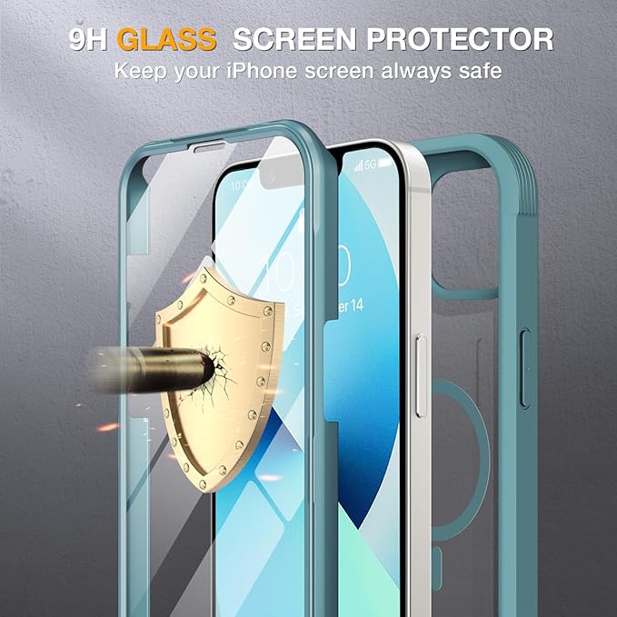 Miracase for iPhone 13 Case 6.1'',Full-Body Magnetic Clear Bumper Case with Built-in 9H Tempered Glass Screen Protector,Military Drop Protection Outdoor Phone Case,Teal
