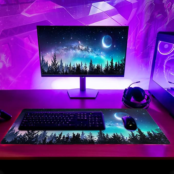 Extended Gaming Mouse Pad, XL Large Keyboard Mouse Mat Desk Pad, Stitched Edges Mousepad, 3mm Thick Long Non-Slip Rubber Base Mice Pad, 31.5 X 11.8 Inch, Forest Moon Galaxy