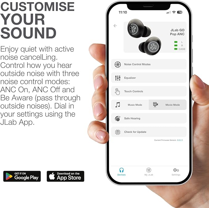 JLab, Go Pop ANC, True Wireless Earbuds, Active Noise Cancelling, Bluetooth Earbuds, Transparent Neon Green