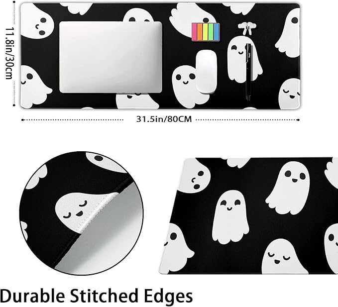 Halloween Cute Ghost Mouse Pad Kawaii Cartoon Spooky Funny Spirit Extended Desk Mat Non-Slip Rubber Base Stitched Edge Large XL Black White Mousepad for Desk Gaming Laptop Desktop,31.5×11.8 Inch