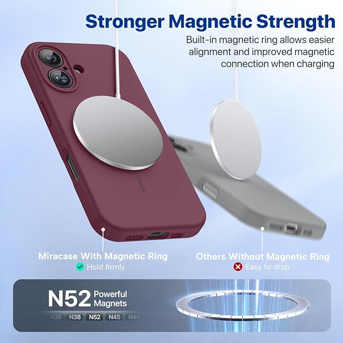 Miracase Magnetic for iPhone 16 Plus Case, [Soft Anti-Scratch Microfiber Lining], Magnetic for MagSafe, Liquid Silicone Shockproof Drop Protection Phone Case for 16 Plus,Wine Red