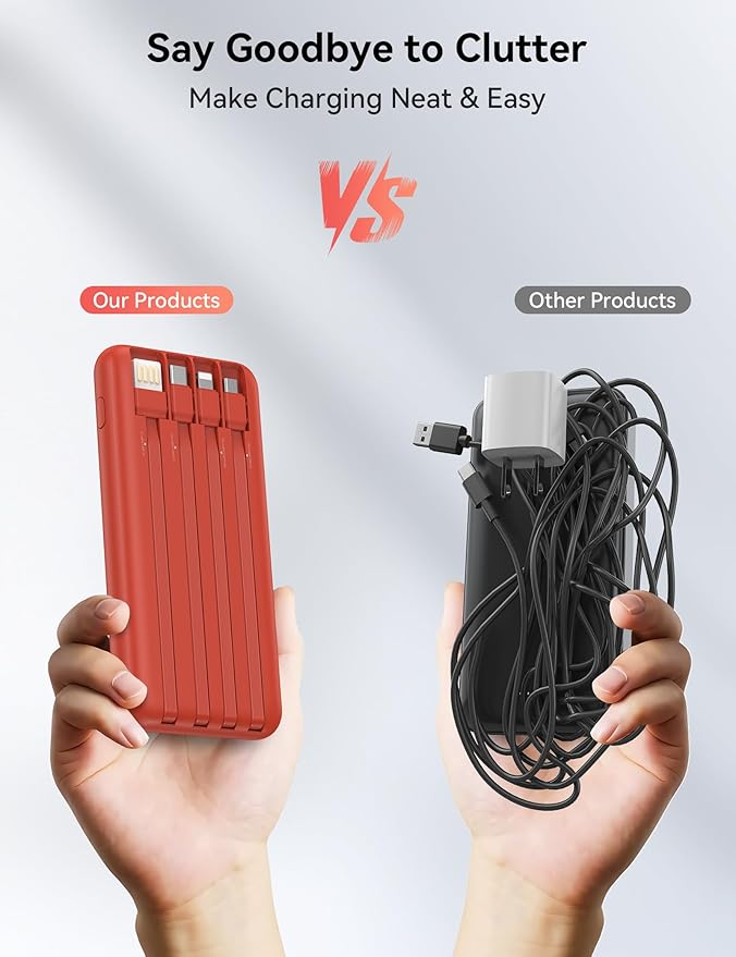 Portable Charger, 10000mAh 22.5W Fast Charging Power Bank with 4 Built-in Cables, Travel Essentials Battery Pack with LED Display, 6 Outputs Charging Bank Compatible with iPhone, iPad, Samsung etc Red