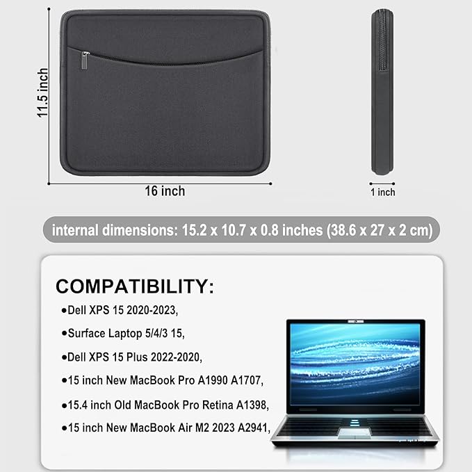 Laptop Case 15.6 inch, Shockproof Protective Laptop Cover Carrying Computer Bag with Accessory Pocket Portable Computer Sleeve Compatible with HP, Dell, Lenovo, Asus, Grey