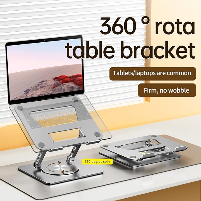 Rotating Laptop Stand, 360° Angle Swivel, Height Adjustable for Neck/Shoulder Health, Solid Aluminum Base, Fits 10"-17" Laptop & Tablet (Silver)