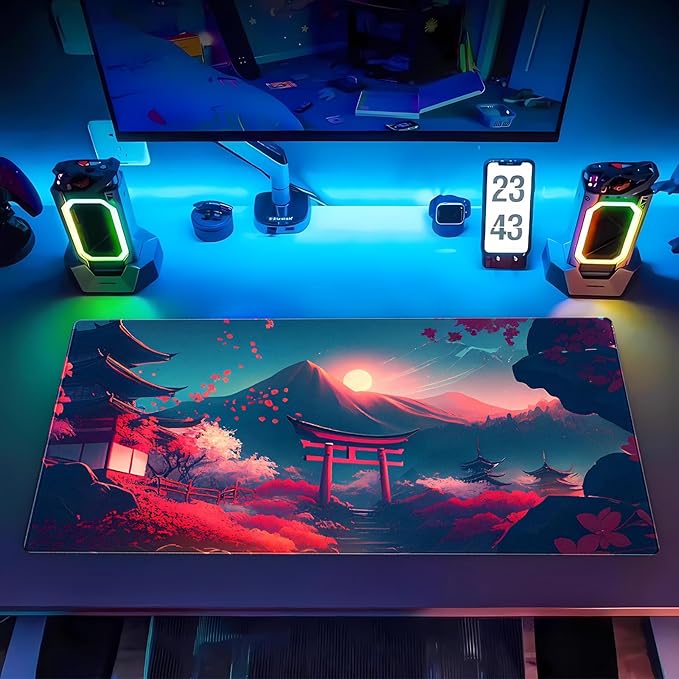 Japanese Anime Mouse Pad - Pink Sakura & Full Moon Design Gaming Desk Mat, XL Large (31.5"x15.7") Keyboard Pad for PC Laptop Office Decor