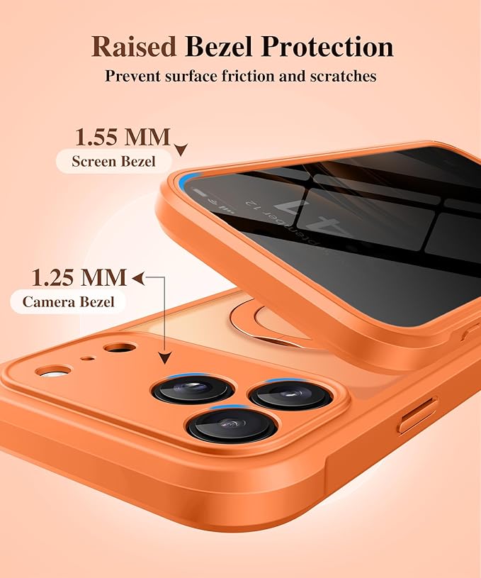 BERFY for iPhone 17 Pro Case, Compatible with MagSafe, Built in Privacy Screen Protector, Shockproof Full Body Phone Case for 17 Pro with Magnetic Stand, Translucent Orange