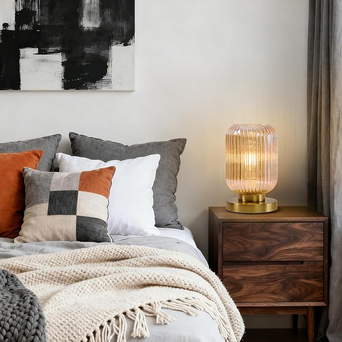 Mid Century Modern Table Lamp: Vintage Amber Ribbed Glass Globe Dimmable Plug in Small Bedside Lamps - Cute Brass Gold Side Table Lamp Nightstand Light for Bedroom Entryway Office Desk Living Room