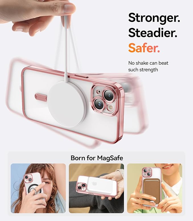 Meifigno Magnetic Case for iPhone 15 Plus 6.7’’, [Compatible with MagSafe] [1X HD+1X Privacy Screen Protectors] [Glitter Card & Wrist Strap] Surround Lens Protection for iPhone 15 Plus Case, Rose Gold