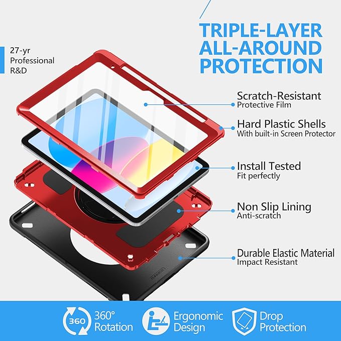 Case for iPad (A16) 11th/10th Generation Case: Protective Cover for iPad 11th Gen 11 Inch 2025 &10th Gen 10.9" 2022 with Screen Protector- Stand- Shoulder Strap- Handle- Pencil Holder-Red+Black