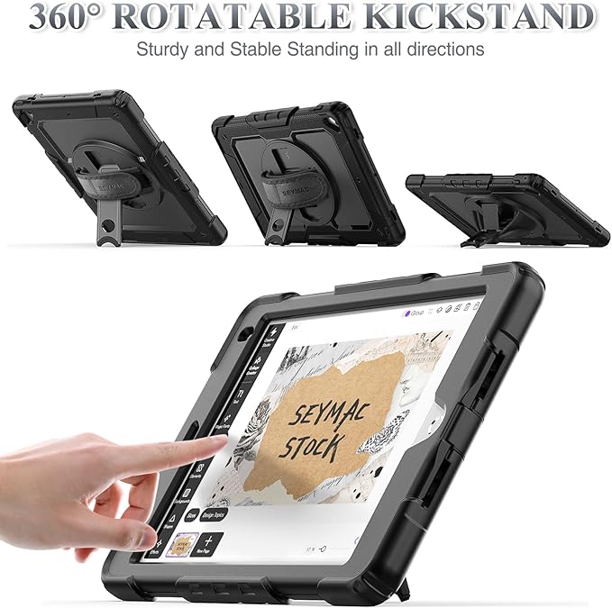 SEYMAC stock Case for iPad 6th / 5th Generation Case/Air 2 / Pro 9.7 inch, Heavy Duty Protective with Screen Protector, with Pencil Holder, Hand Strap, Shoulder Strap, 360 Rotate Stand, Black
