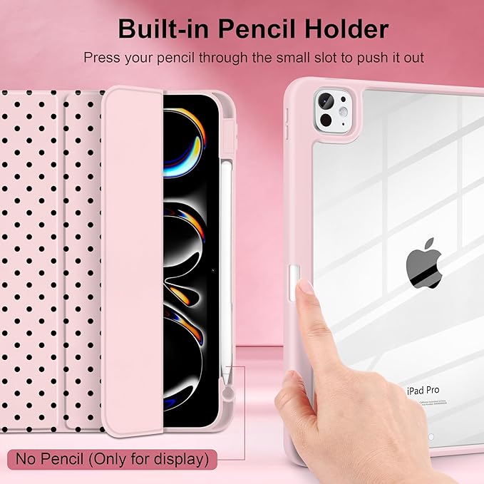 Case for iPad Pro 13 Inch (M5 2025 M4 2024) – [Built-in Pencil Holder], Shockproof & Stylish, Clear Hard Back + Soft TPU Edge, Magnetic Trifold Stand, Auto Wake/Sleep, Pink Polka dot