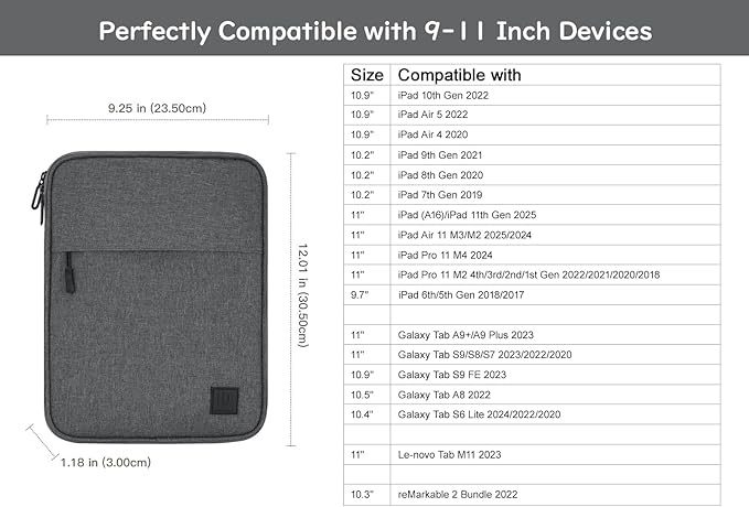 Dadanism 9-11 Inch Tablet Sleeve Padded Carrying Case for iPad (A16) 11th Gen 11", iPad 10th Gen 10.9", iPad Air M4/Pro M5 11", iPad Air 5/4, iPad 9/8/7th Gen, Galaxy Tab A11+ Plus 11", Space Gray