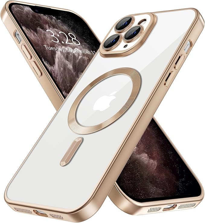 Hython Magnetic Clear for iPhone 11 Pro Max Case with Camera Lens Protector [Compatible with MagSafe] Plating Edge Slim Soft TPU Cover Protective Phone Case for iPhone 11 Pro Max, Matte Desert Brown