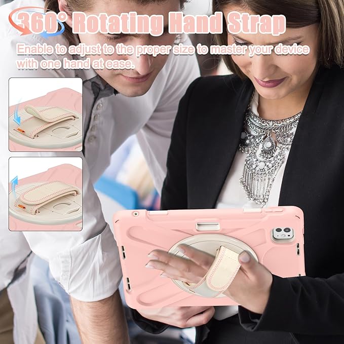 Batianda Case for New iPad Pro 11-inch 2025 M5 2024 M4 Chip Heavy Duty Rugged Durability Silicone Tablet Cover with 360° Rotating Hand Strap Foldable Hidden Stand & Shoulder Strap, Pink