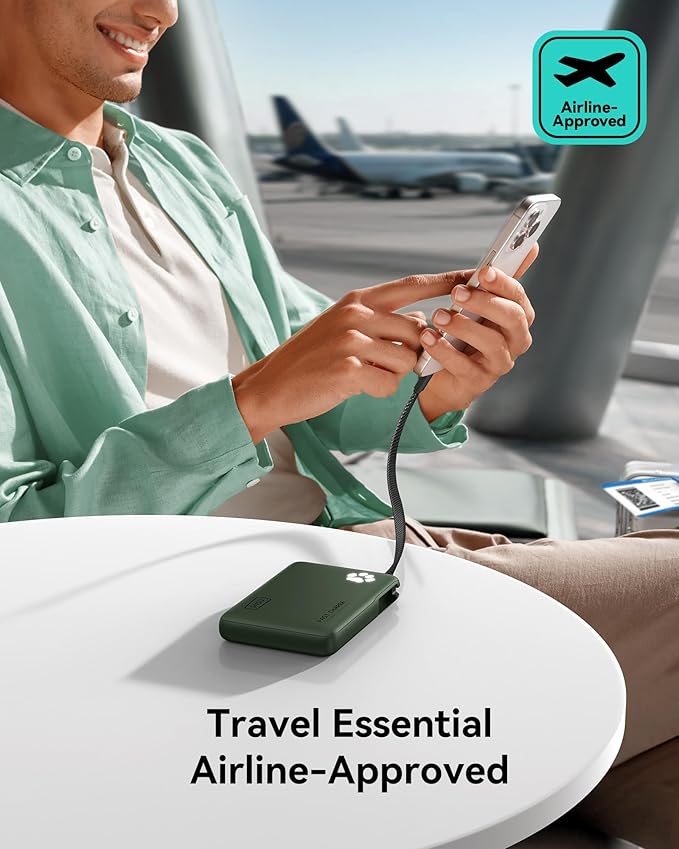 INIU 45W Power Bank, Fast Charging Portable Charger with Built-in USB C Cable, 10000mAh Small Type C Powerbank, Battery Pack for iPhone 17 16 15 14, iPad, Samsung S25 S24 etc Travel Camping, Green