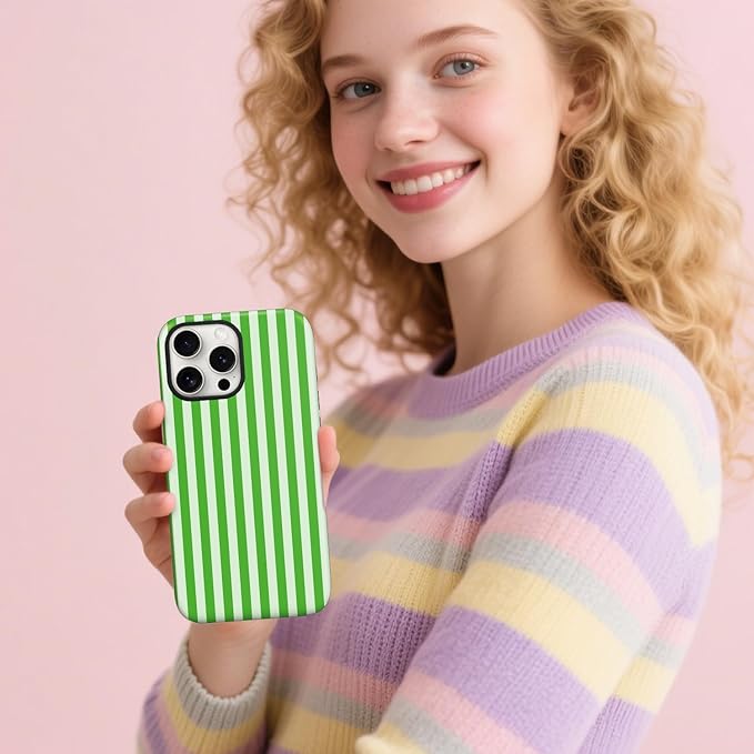 Magnetic for iPhone 17 Case Cute Stripes Phone Case, Shockproof Slim TPU and Hard PC Protective Phone Cover Compatible with MagSafe Designed for Women Girls, Deep Green
