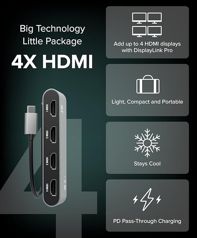 Plugable USB C to Quad HDMI 4K Adapter with 100W PD Pass-Though Power Delivery for Windows, Mac M1/M2/M3/M4, Thunderbolt, and USB-C Laptops | TAA, DisplayLink Pro, Driver Required (USBC-7400H4)