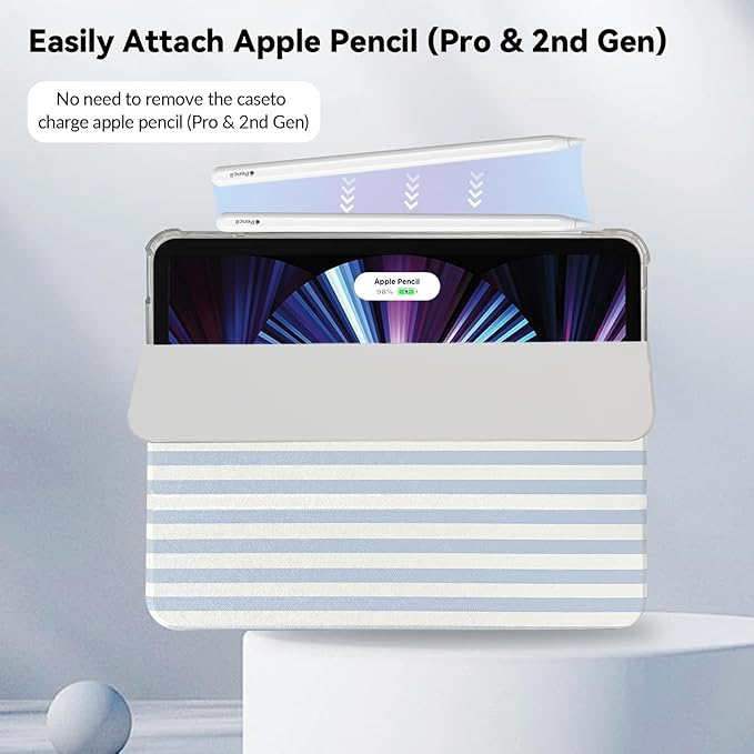 Lovmooful Compatible for iPad Pro 11-Inch,2022/2021/2020/2018 Model(4th/3rd/2nd/1st Generation) Case with Pencil Holder Cute Striped with Aesthetic Design Soft TPU Trifold Stand Protective-Blue&White