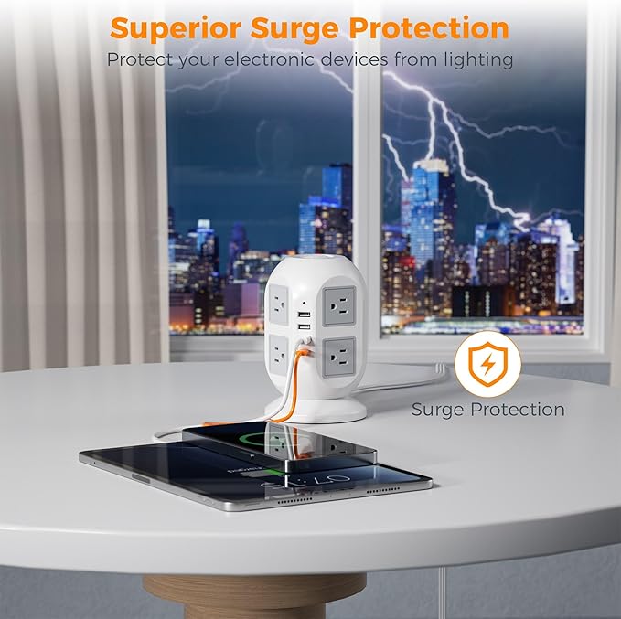 TESSAN Tower Surge Protector Power Strip 15 ft, Long Flat Extension Cord with Multiple Outlets, 8 AC Outlets with 4 USB Ports (1 USB C), Charging Station with Surge Protection, for Home Office Dorm