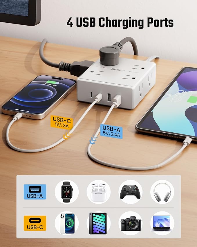 20Ft Long Extension Cord, Flat Plug Power Strip with 8 Outlets & 4 USB Ports (2 USB C), Wall Mountable Surge Protector, Desk Charging Station for Home Office, College Dorm Room Essentials