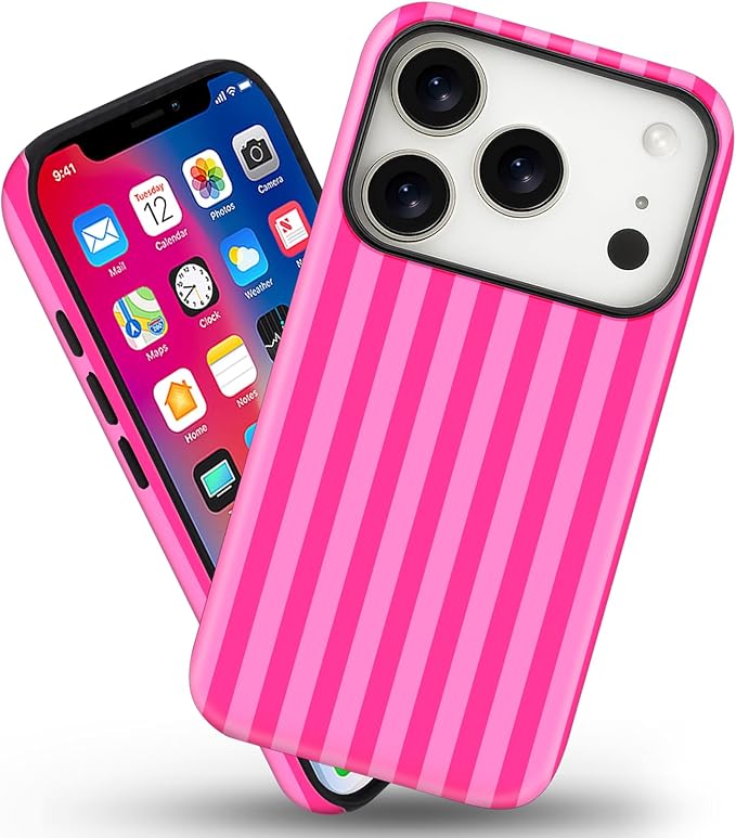 Magnetic for iPhone 17 Pro Max Case Cute Stripes Phone Case, Shockproof Slim TPU and Hard PC Protective Phone Cover Compatible with MagSafe Designed for Women Girls, Deep Pink