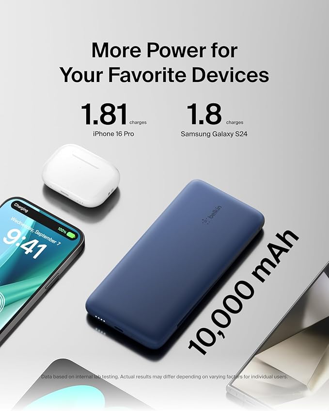 Belkin Portable Charger Power Bank for iPhone/Android (10,000mAh), 23W Battery Pack with Integrated USB-C, Lightning Cables, Pass-Through Capability, Charge 2 Devices at Once, Phone Charger Power Bank