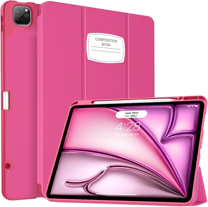Soke Case for iPad Air 13 Inch (M4/M3/M2,2026-2024), iPad Pro 12.9" 6th/5th Generation with Pencil Holder(2021 2022 Release)-[Apple Pencil Charging + Auto Wake/Sleep] Soft Back Cover, Note Hot Pink