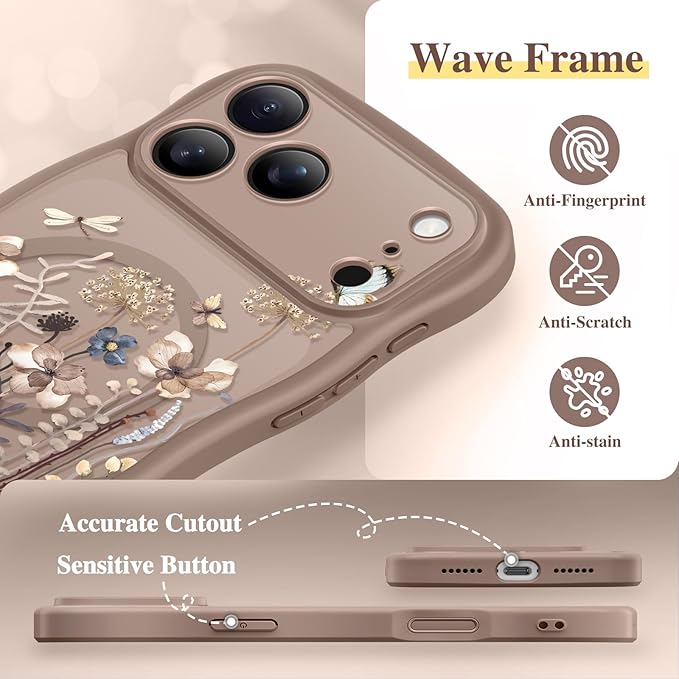 GVIEWIN for iPhone 17 Pro Max Case Compatible with MagSafe [Curly Wave Edge][Full Camera Protection] Floral Translucent Shockproof Magnetic Women Phone Case for 17 Pro Max, Autumnflit/Brown