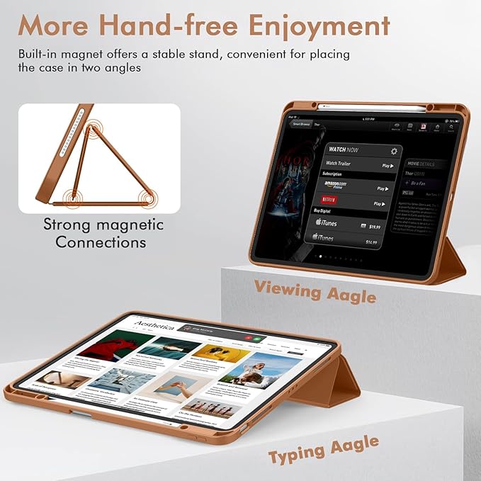 ZryXal New iPad Air 13 Inch Case M3 2025/M2 2024 with Pencil Holder, Trifold Stand Smart Case with Soft TPU Back,Auto Wake/Sleep(Brown)
