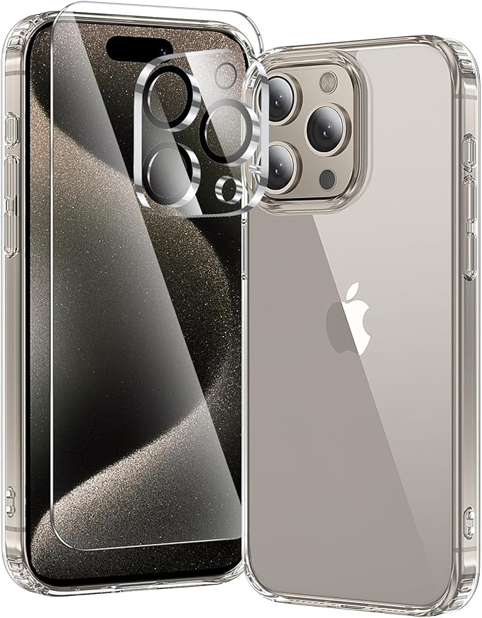 toushion 3 in 1 for iPhone 15 Pro Max Case Clear,[Yellowing-Resistant Acrylic Back] Screen Protector *1 & Camera Lens Protector*1, Shockproof for iPhone 15 Pro Max Phone Case 6.7 inch Clear