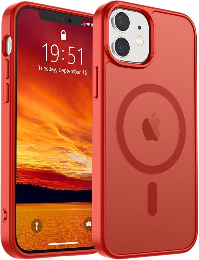 SUPFINE Magnetic for iPhone 12 Mini Case & iPhone 13 Mini Case (Compatible with MagSafe) (Military Grade Drop Protection) Slim Translucent Matte Shockproof Phone Cover,Red