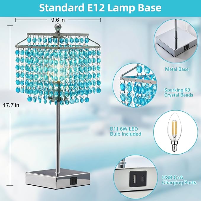 Luvkczc Crystal Table Lamp with Touch Control, Bedside Crystal Table Lamp with USB C+A Ports, Dimmable Lamp for Girls Bedroom, Living Room, Light Blue & B11 LED Bulb Included