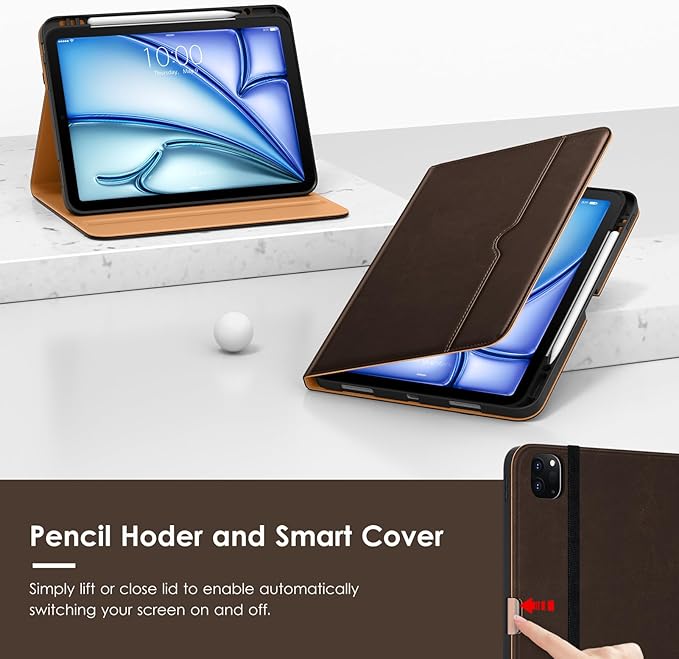 VIKESI Case for iPad Air 13 inch (M4) 2026 / (M3) 2025 / (M2) 2024,Premium Leather Folio,Apple Pencil Holder,Auto Sleep/Wake,Stand Cover - Dark Brown