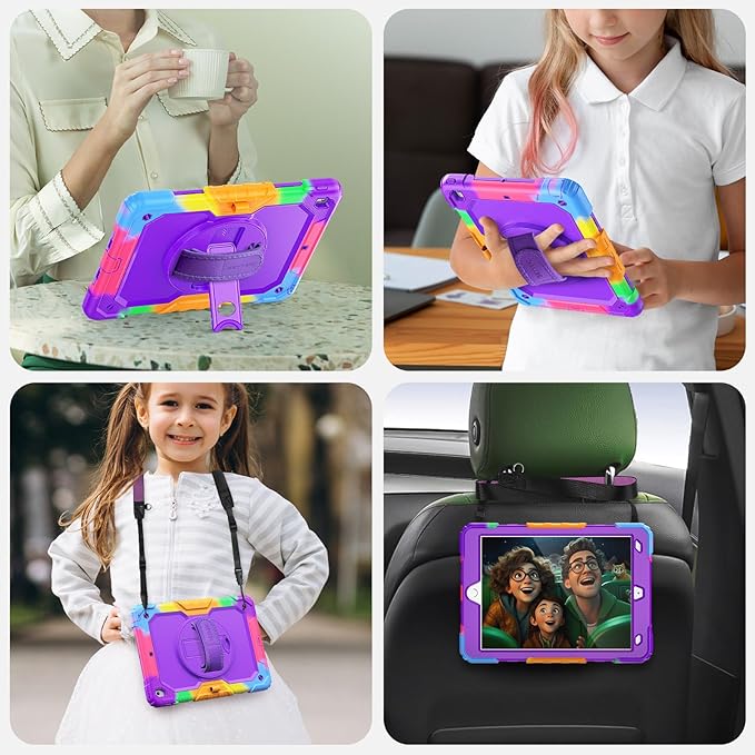 SEYMAC Kids Case for iPad 9th/8th/7th Generation 10.2 Inch with Screen Protector, Rotatable Hand Strap/Stand, Shoulder Strap, Shockproof Heavy Duty Protective Case for iPad 10.2, Colorful Purple