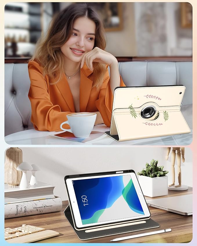 Kidcube for iPad 9th/8th/7th Generation Case 10.2 Inch - for Women Girls Kids Cute Rotating Stand Folio Cover with Pencil Holder & Card Slot Cool Frog Mushroom Design for iPad 9th/8th/7th Gen Cases